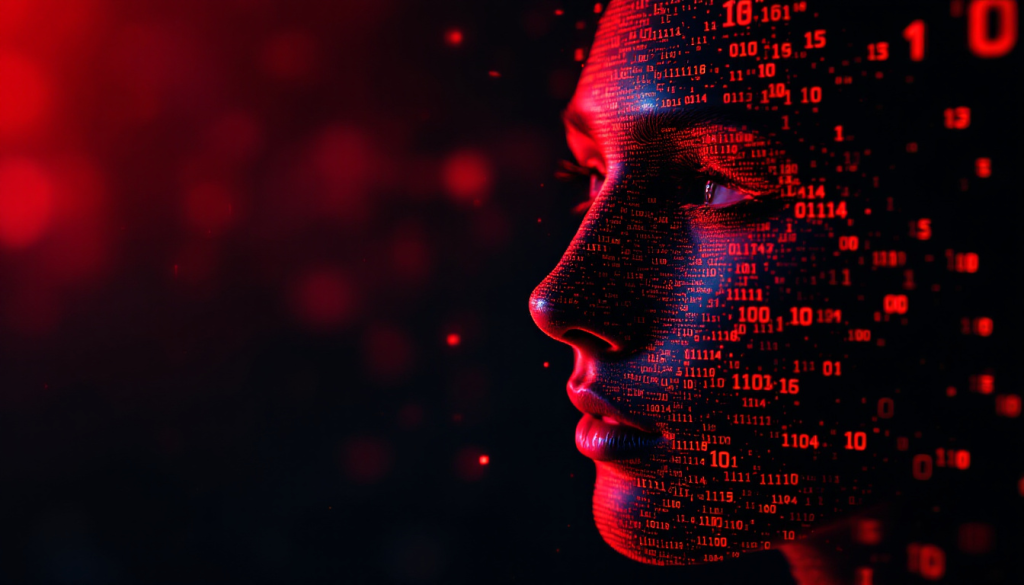 Human face made of digital binary code symbolizing AI-powered phishing attacks and personalized brand impersonation scams