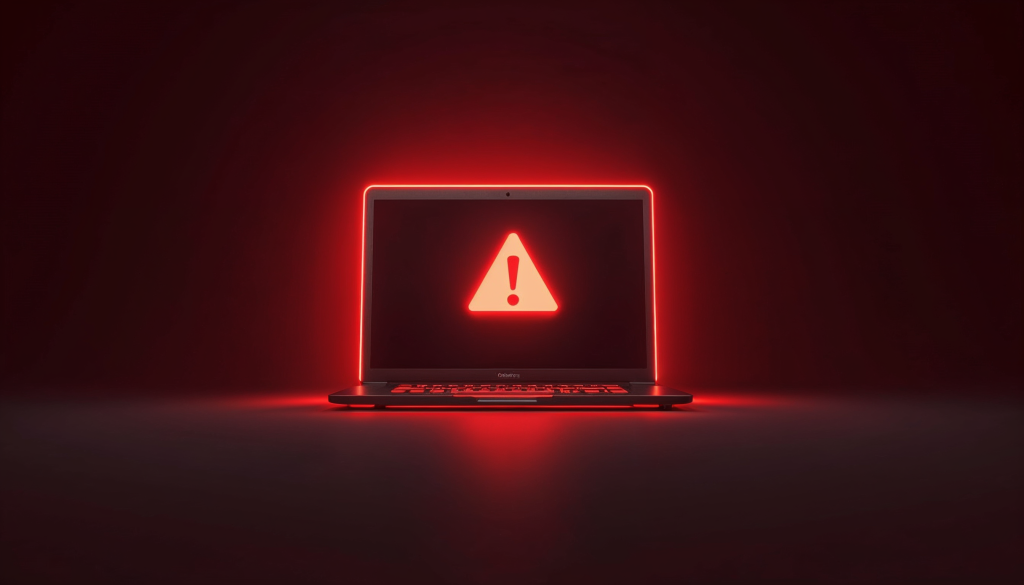 Laptop screen displaying a red warning alert icon, symbolizing small business cybersecurity threats