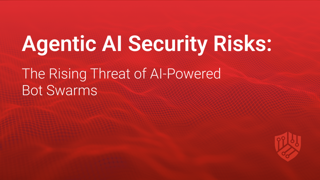Red digital background with CyberFlow logo and bold white text warning about AI-powered bot swarm threats