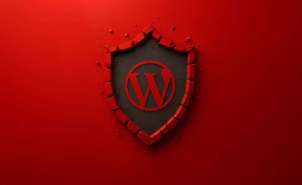WordPress logo on a cracked shield symbolizing vulnerability in OttoKit plugin exploited by hackers to gain admin access